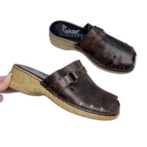 Rieker Brown Leather Studded peep toe Mules Sz 7